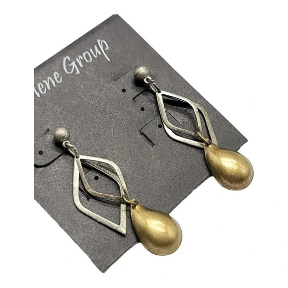 Darlene Group Multi Layered Two Toned Silver Gold Diamond Teardrop Dangle Earrin - Picture 2 of 4